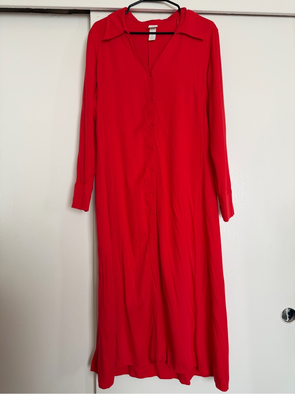 Classic Red Long Sleeve Button-Front Long Dress